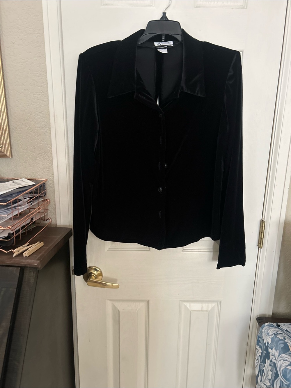 K studio Black Velvet Button-Front w/opening on the back Women's Blouse.